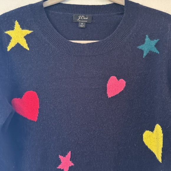 J Crew Small Cashmere Dark Blue crew neck long sleeve hearts & stars sweater - Picture 2 of 7